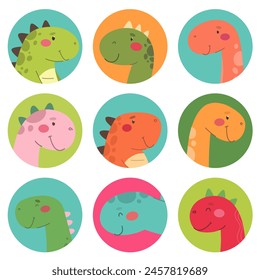 A collection of chip avatars with dinosaurs, funny dinosaur avatars in a cartoon flat style. Vector isolates.