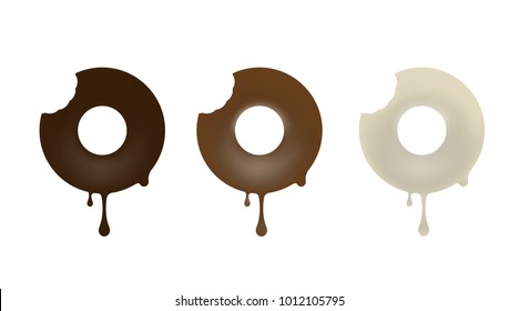 Collection of chocolate baked in the shape of a donut. Black, white, milk. Vector illustration.