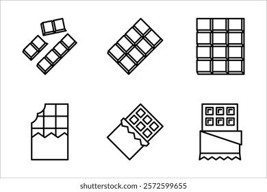 collection of chocolate bar icons, signs and symbols, on white background.