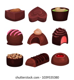 Collection of chocolate candies of various shapes. Sweets with different filling. Tender souffle. Delicious truffle. Tasty confectionery products. Detailed vector icons