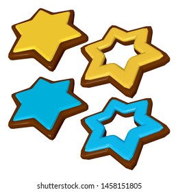 Collection of Chocolate Cookies with Yellow and Blue Icing. Vector 3D Realistic illustration isolated on White Background.