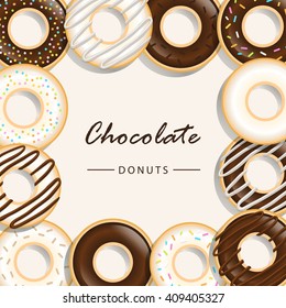 Collection of chocolate donuts, Vector sweet donuts isolated and background.