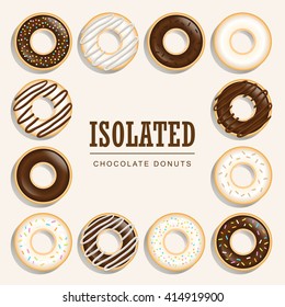Collection of chocolate donuts, Vector sweet donuts isolated and background.