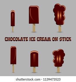 Collection of chocolate ice cream on a stick, on a gray background, vector