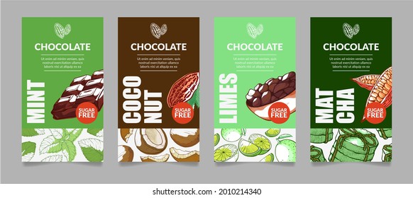 Collection of chocolate labels original design vector flat illustration. Set packaging template choco candy card box isolated. Wrapped of natural delicious dessert with mint, coconut, lime and matcha