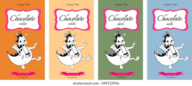 Collection of chocolate packaging design with cute dragons. Vector illustration.