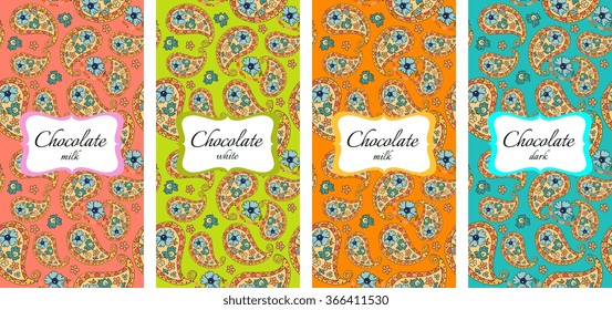 Collection of chocolate packaging design. Template with paisley seamless patterns. Vector illustration.
