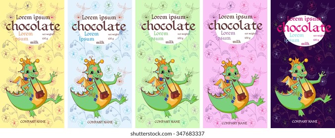Collection of chocolate packaging with happy dragon on floral background. Childish design. Vector set. 