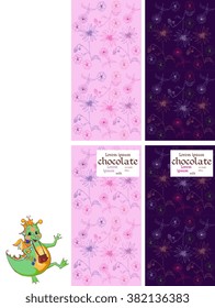 Collection of chocolate packaging with happy dragon on floral background. Childish design. Vector set.