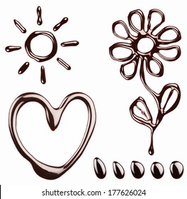 Collection of chocolate syrup symbols: sun, heart, flower, grass. Summer, love background.