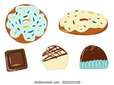Eine Kollektion von Schokoladen, eine Schokoladenbar, einzelne Stücke, Milch und weiße Schokolade, Donuts in Eis mit Schokoladenchips. Vektorbild von Bonbons, Drucken
