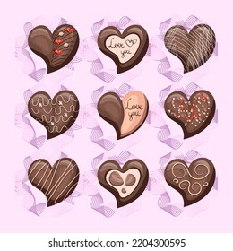 Collection of chocolates in the shape of a heart. Vector set of chocolates isolated on a decorative background. Menu design cafe, restaurant, business card, handmade chocolate.