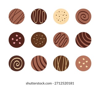Eine Sammlung von Pralinen in verschiedenen Formen, Belägen und Farben. Perfekt für Valentinstag-Designs, Dessert-Shop-Menüs und Werbebanner für Backwaren oder Backwaren.