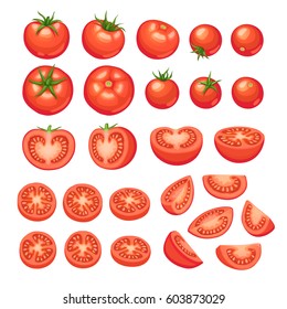 Collection of chopped tomatoes isolated on white background.  Tomato slices illustration.