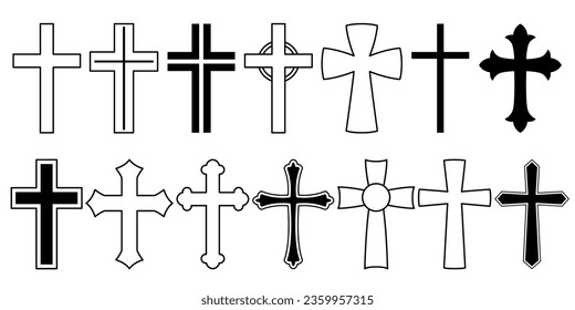 Collection Of Christian Cross Icons Featuring Various Designs And Styles. Black and White Crosses Represent Faith And Spirituality, For Religious Displays And Artistic Projects. Vector Illustration