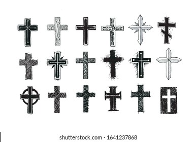 Collection of christian crosses. Doodle sketch illustration on white background