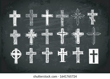 Collection of christian crosses. Doodle sketch illustration on blackboard background