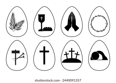 Collection of Christian Easter symbols within egg outlines. Vector Illustration. EPS 10.