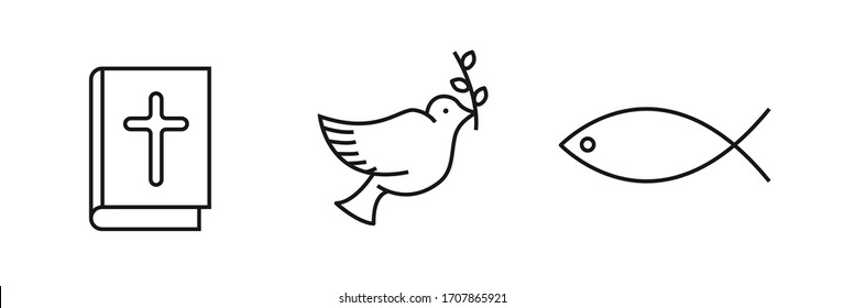 Collection christian outline icons. Cross, fish and dove. Stock vector icons