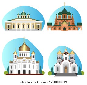 A collection of Christian religion buildings. Temples, churches and cathedrals. Flat vector.