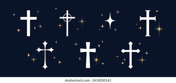 Colección de cruz religiosa cristiana. Ponga la cruz de la religión de los símbolos en el fondo negro, brillantes estrellas doradas. Símbolo religioso, símbolo religioso, estrellas de fe cristiana. Ilustración vectorial