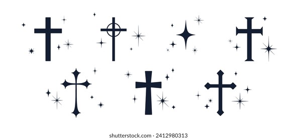 Collection christian religious cross. Set symbol religion cross on white background, black stars. Black icon prayer cross sign, religious symbol, stars christian faith. Vector Illustration
