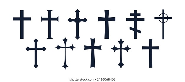 Collection christian religious cross. Set symbol religion cross on white background. Black icon prayer cross sign, religious symbol, stars christian faith. Vector Illustration