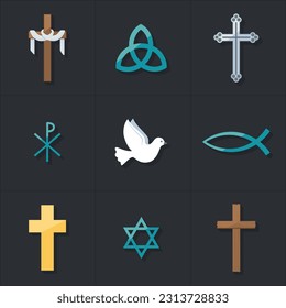 A collection of Christian symbols, featuring several different styles of the cross of Jesus.