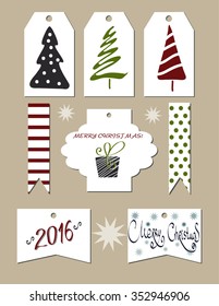 Collection of Christmas and 2016 New Year cute ready-to-use gift tags. Set of printable hand drawn holiday label. Vector seasonal badge design.Winter set of festive ribbons,stickers.Stylized trees