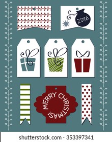 Collection of Christmas and 2016 New Year cute ready-to-use gift tags. Set of printable hand drawn holiday label. Vector seasonal badge design.Winter set of festive ribbons,stickers.Lettering idea