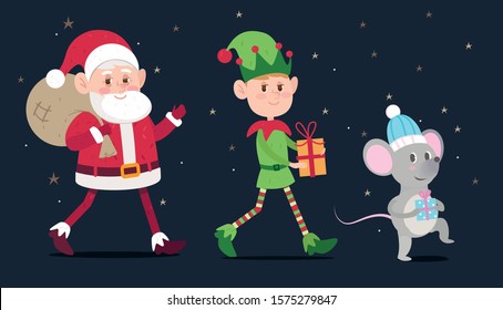 Collection of Christmas 2D animated characters.Santa Claus, elf and mouse.
