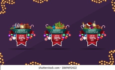 Collection of Christmas 3D volumetric stickers in form of ribbons decorated with presents, garlands and Christmas elements.