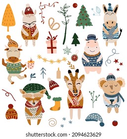 Collection Christmas Animals, koala, cute deer, hippo, raccoon, giraffe and Christmas elements. Cozy Cartoon character set. Nursery art. Scandinavian style. Vector illustration. Vector illustration