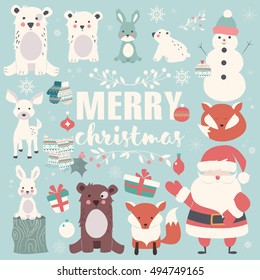 Collection of Christmas animals, lettering and Santa Claus, Merry Christmas, vector illustration