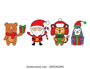 Collection of Christmas animals with Santa. Merry Christmas illustrations of cute stickers. Vector illustration in a flat style for decorations, invitations and cards for Christmas and New Year.