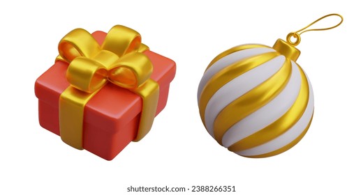 Collection with Christmas attributes. Gift box in red color with gold ribbon and toy. Element for decoration. Vector illustration in 3d realistic style