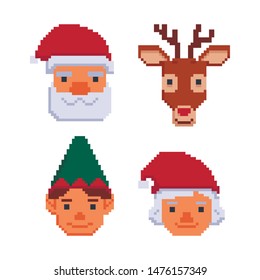 Colección de avatares de Navidad aislados en un fondo blanco. Santa Claus, Sra. Claus, ciervo, elfo. 8 bits. Gráficos para juegos. Ilustración vectorial en estilo de arte de píxeles.