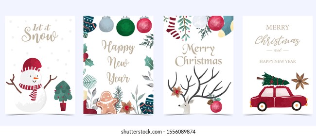 Collection of Christmas background set with holly leaves and poinsettia flowers, car.  Editable vector illustration for New year invitation, postcard and website banner