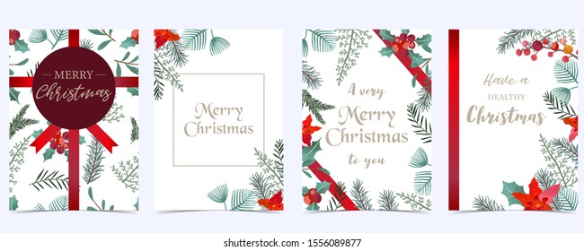 Collection of Christmas background set with holly leaves and poinsettia flowers, ribbon.Editable vector illustration for New year invitation,postcard and website banner