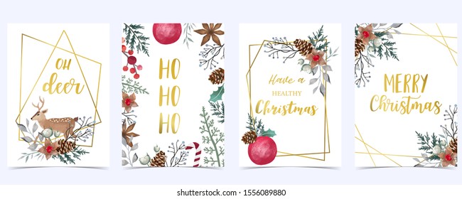 Collection of Christmas background set with holly leaves and poinsettia flowers, geometric. Editable vector illustration for New year invitation, postcard and website banner