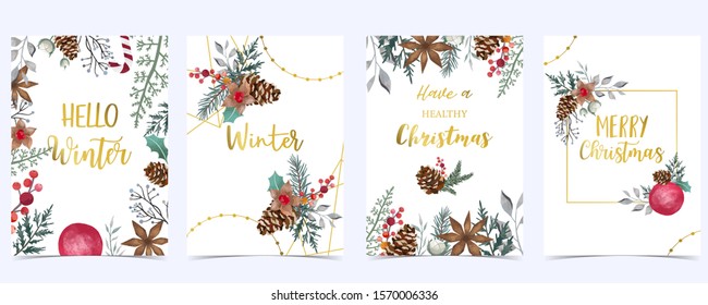 Collection of Christmas background set with holly leaves,flower,geometric.Editable vector illustration for New year invitation,postcard and website banner