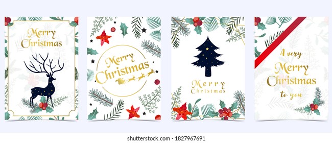 Collection of Christmas background set with holly leaves,flower,ribbon.Editable vector illustration for New year invitation,postcard and website banner