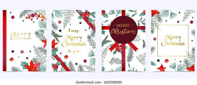 Collection of Christmas background set with holly leaves,flower,ribbon.Editable vector illustration for New year invitation,postcard and website banner