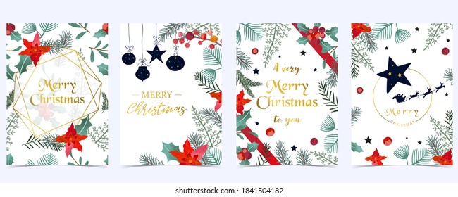 Collection of Christmas background set with holly leaves,flower,ribbon.Editable vector illustration for New year invitation,postcard and website banner