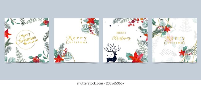 Collection of Christmas background set with holly leaves,flower,reindeer.Editable vector illustration for New year invitation,postcard and website banner