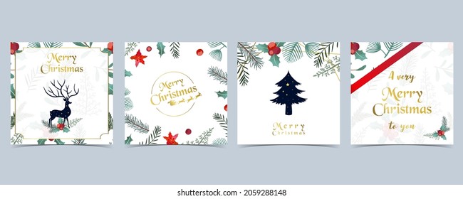 Collection of Christmas background set with holly leaves,flower,reindeer.Editable vector illustration for New year invitation,postcard and website banner