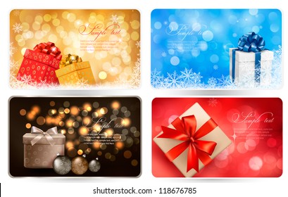 Collection of Christmas backgrounds with gift boxes and snowflakes. Vector illustration.