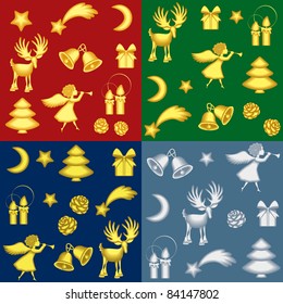 Colección de antecedentes de navidad con símbolos dorados y plateados