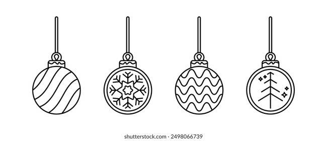 Collection of Christmas ball line art icons. Decorative ornaments for Christmas and New Year.