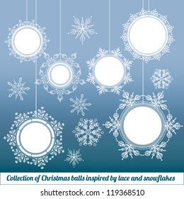 Collection of Christmas balls with border inspired by lace and snowflakes